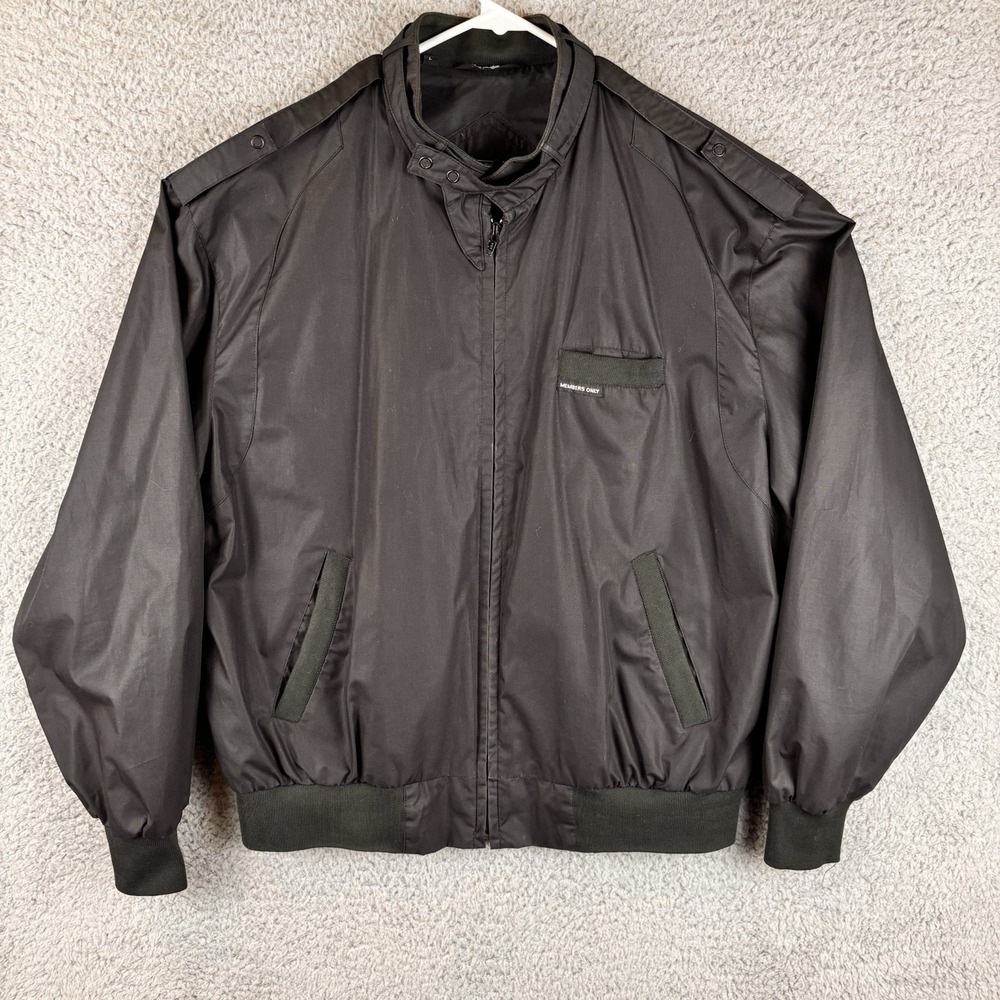 Vintage Members Only Black Bomber Jacket Size L Retro Racer Coat Chin Strap